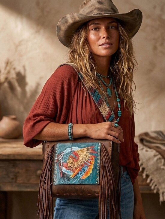 American Darling Handbags - American Darling Boho Spirit War Spirit Headpiece Fringe Crossbody Bag